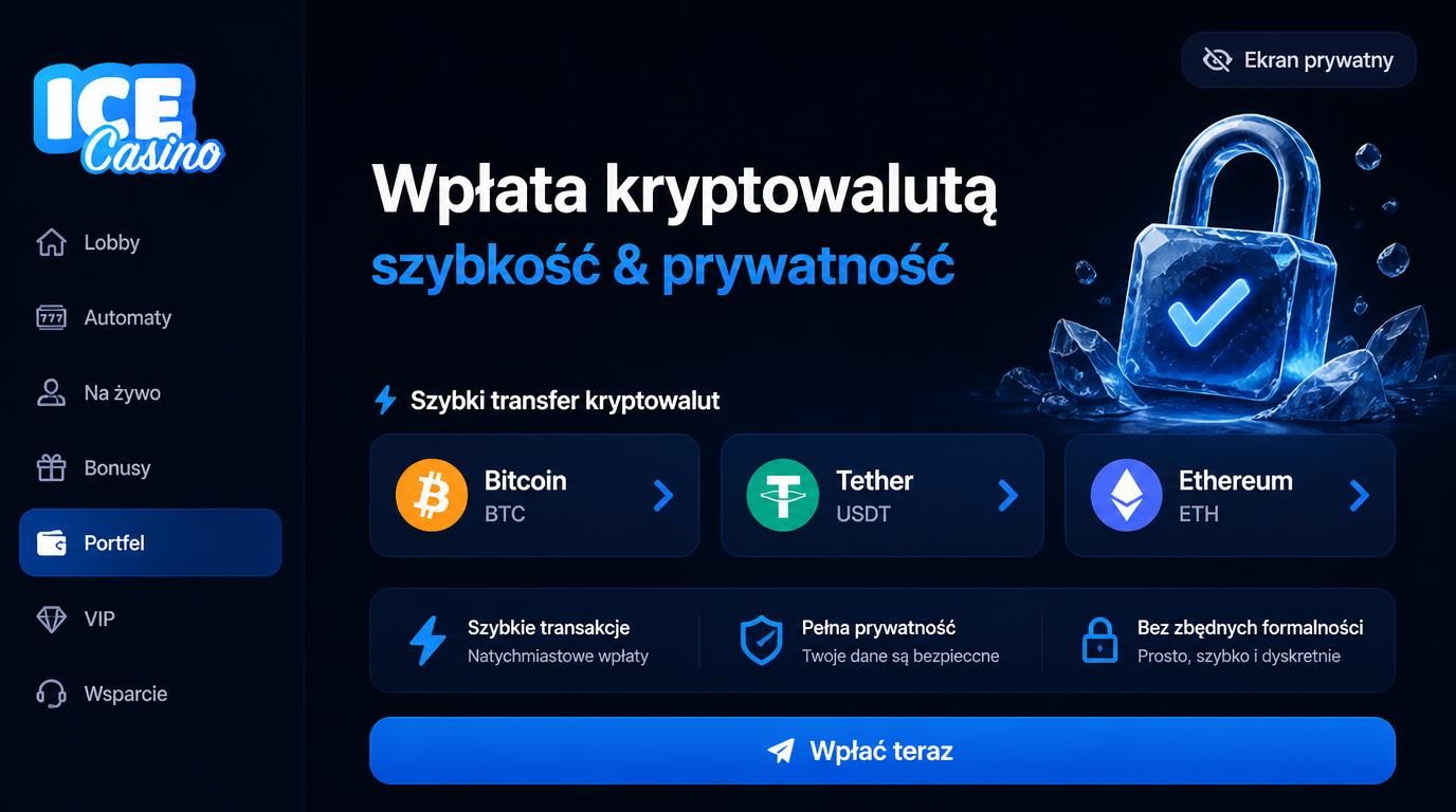 Interfejs kasyna z opcją wpłaty kryptowalutowej, ikony BTC, USDT, ETH
