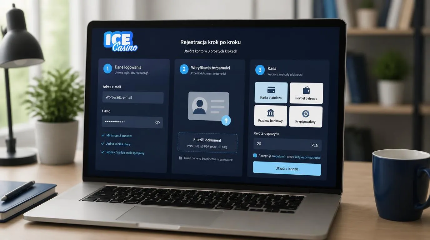Ekran rejestracji, weryfikacji tożsamości i kasy z wyborem metody wpłaty w kasynie online