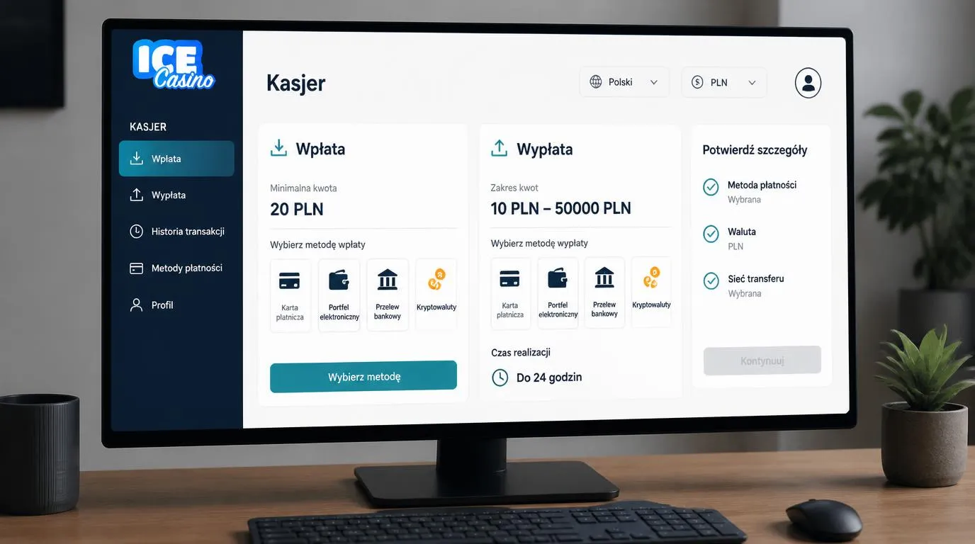 Panel kasy z wpłatą 20 PLN, wypłatą od 10 PLN i wyborem polskiego języka oraz waluty PLN