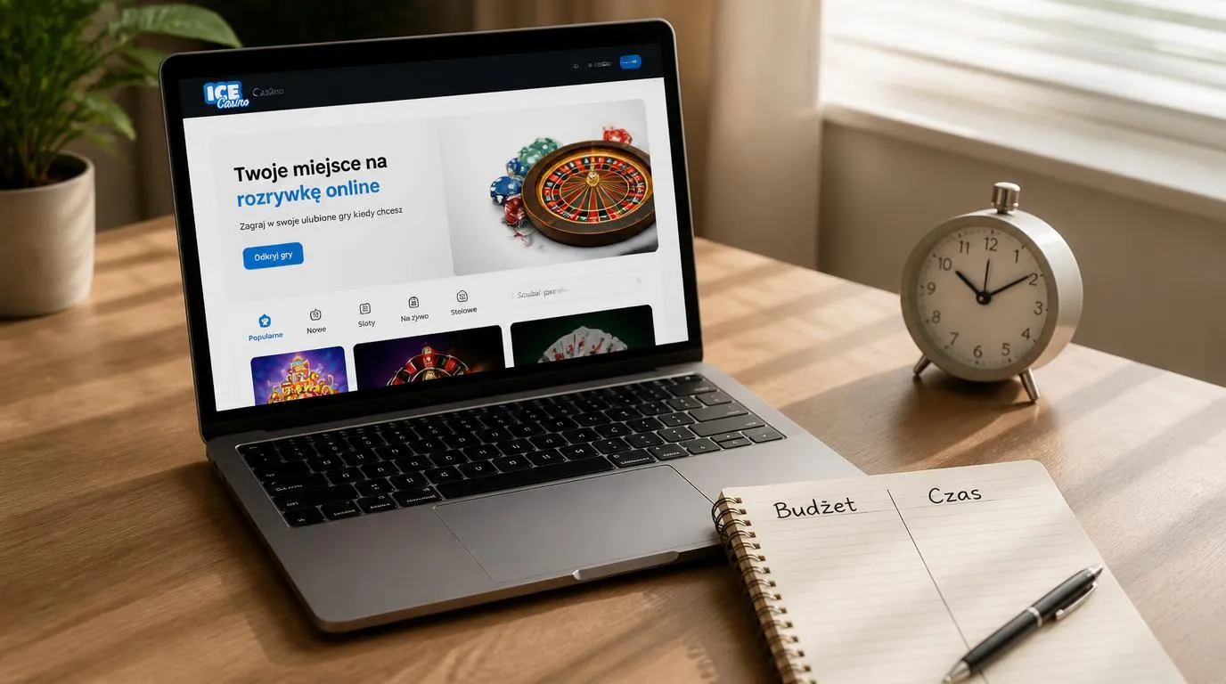 Prosty interfejs kasyna na laptopie oraz notes z zapisanym budżetem i czasem przeznaczonym na rozrywkę